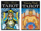 Two tarot card decks with illustrations of figures and text on a white background.