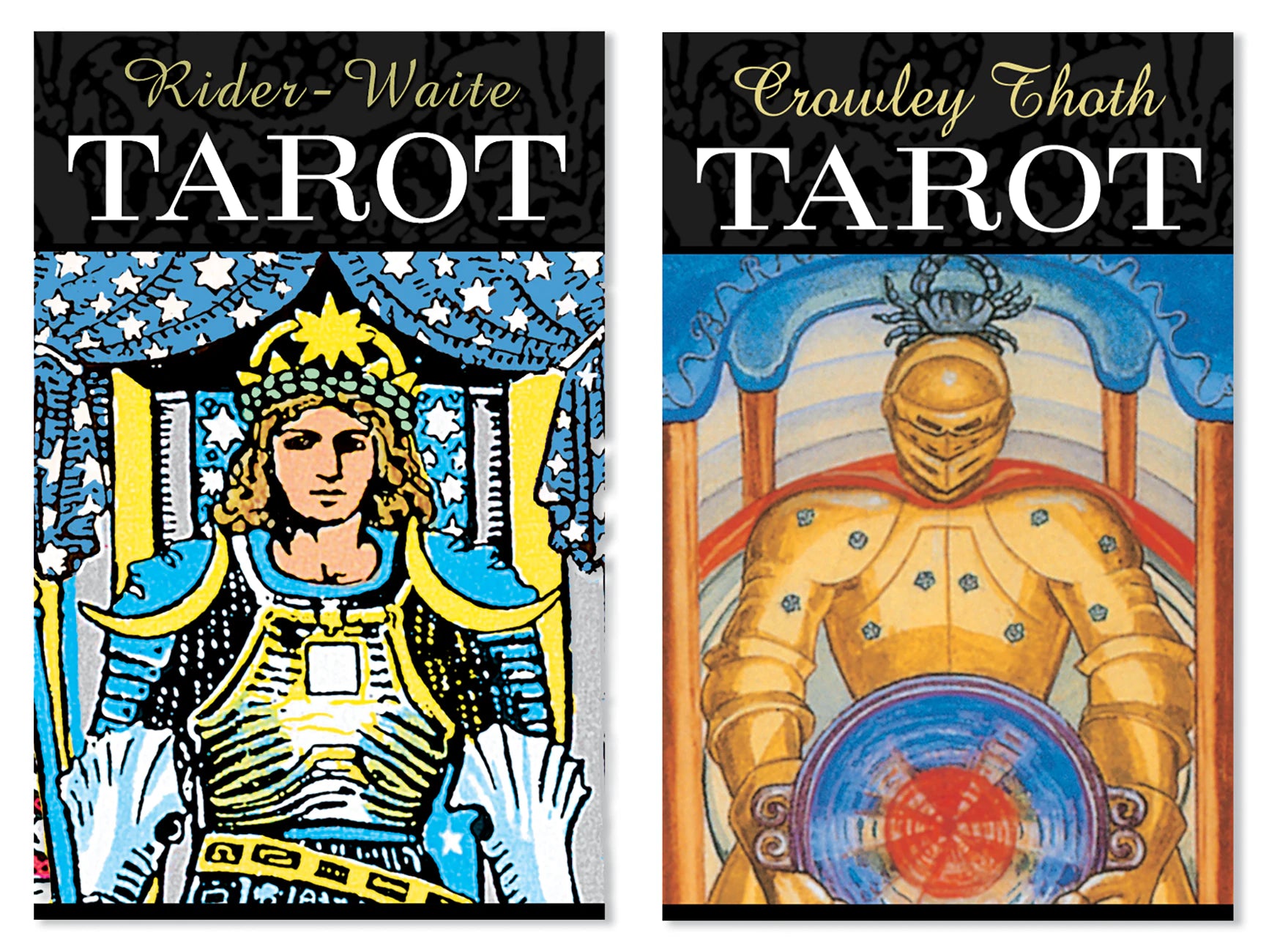 Two tarot card decks with illustrations of figures and text on a white background.