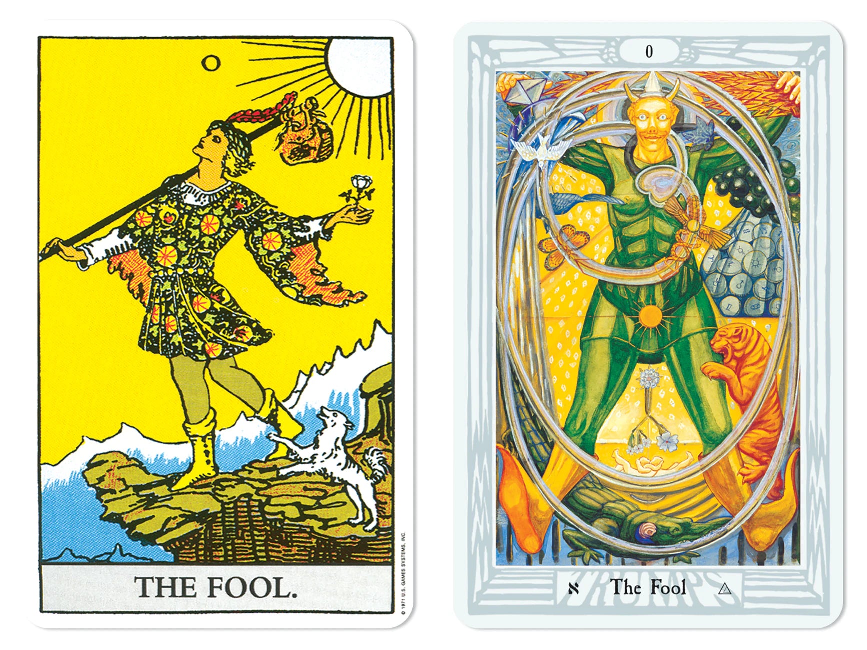 Two tarot cards featuring 'The Fool' with vibrant colors and detailed artwork.