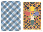 Two patterned items side by side, one with a plaid design and the other with a colorful abstract pattern.