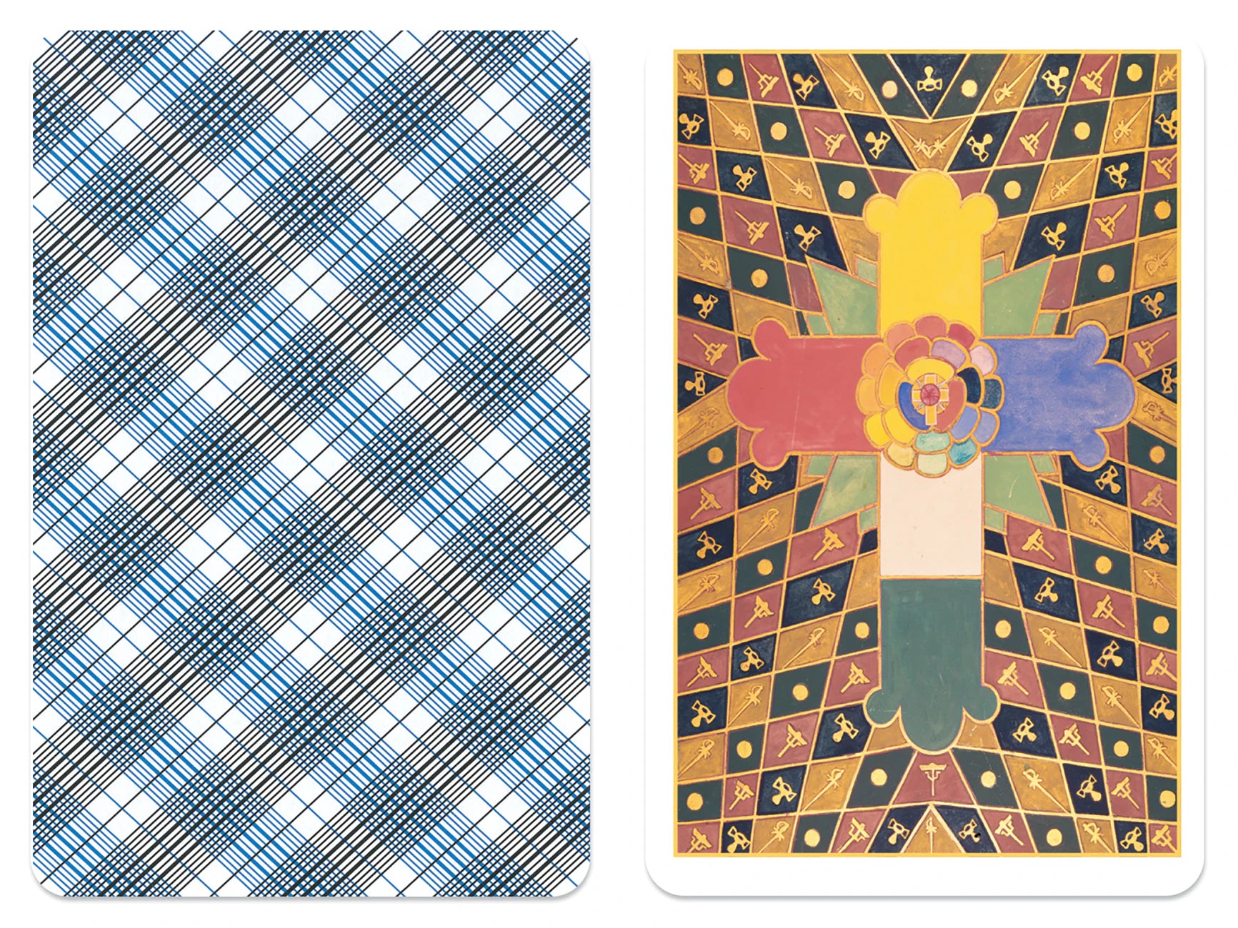Two patterned items side by side, one with a plaid design and the other with a colorful abstract pattern.