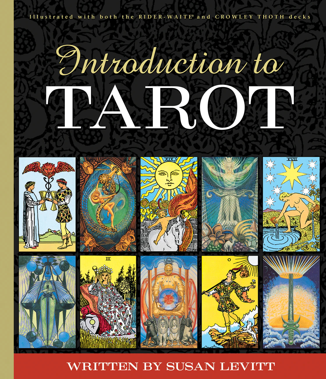 Book cover of 'Introduction to Tarot' with tarot card illustrations on a black background.