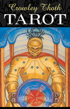 Cover of 'Crowley Thoth Tarot' with a figure in gold armor holding a wheel.