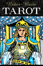 Cover of Rider Waite Tarot card with a central figure in regal attire against a blue curtain background.
