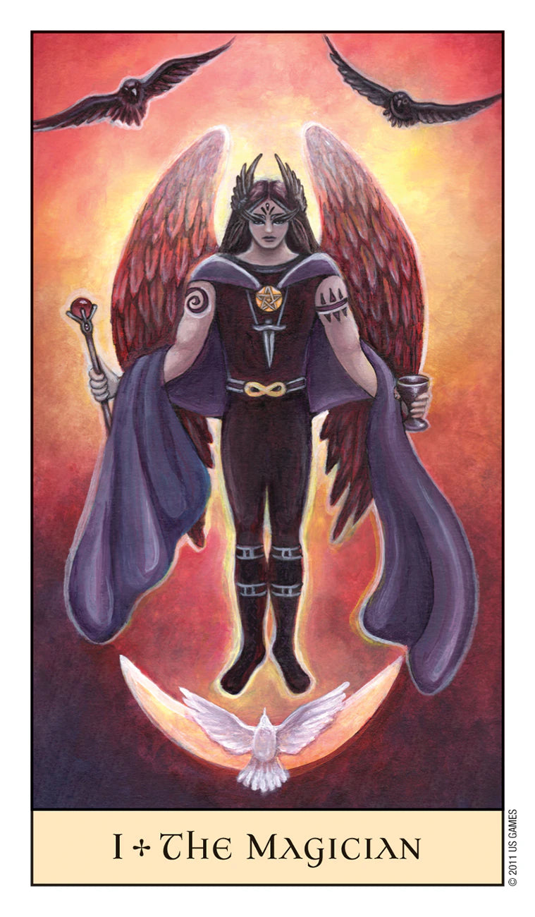 Card featuring 'The Magician' from a tarot deck with a central figure, wings, and celestial elements.