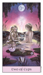 Two people sitting by a pool with a full moon and stars in the background, labeled 'Two of Cups'.