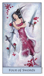 Tarot card titled 'Four of Swords' featuring a woman in a pink dress holding two swords amidst flowers.