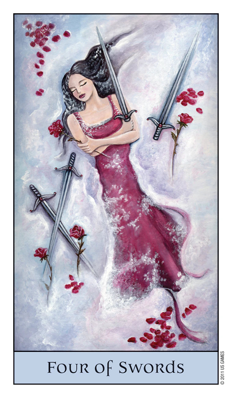 Tarot card titled 'Four of Swords' featuring a woman in a pink dress holding two swords amidst flowers.