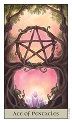 Ace of Pentacles tarot card with pentacle symbol and mystical forest design