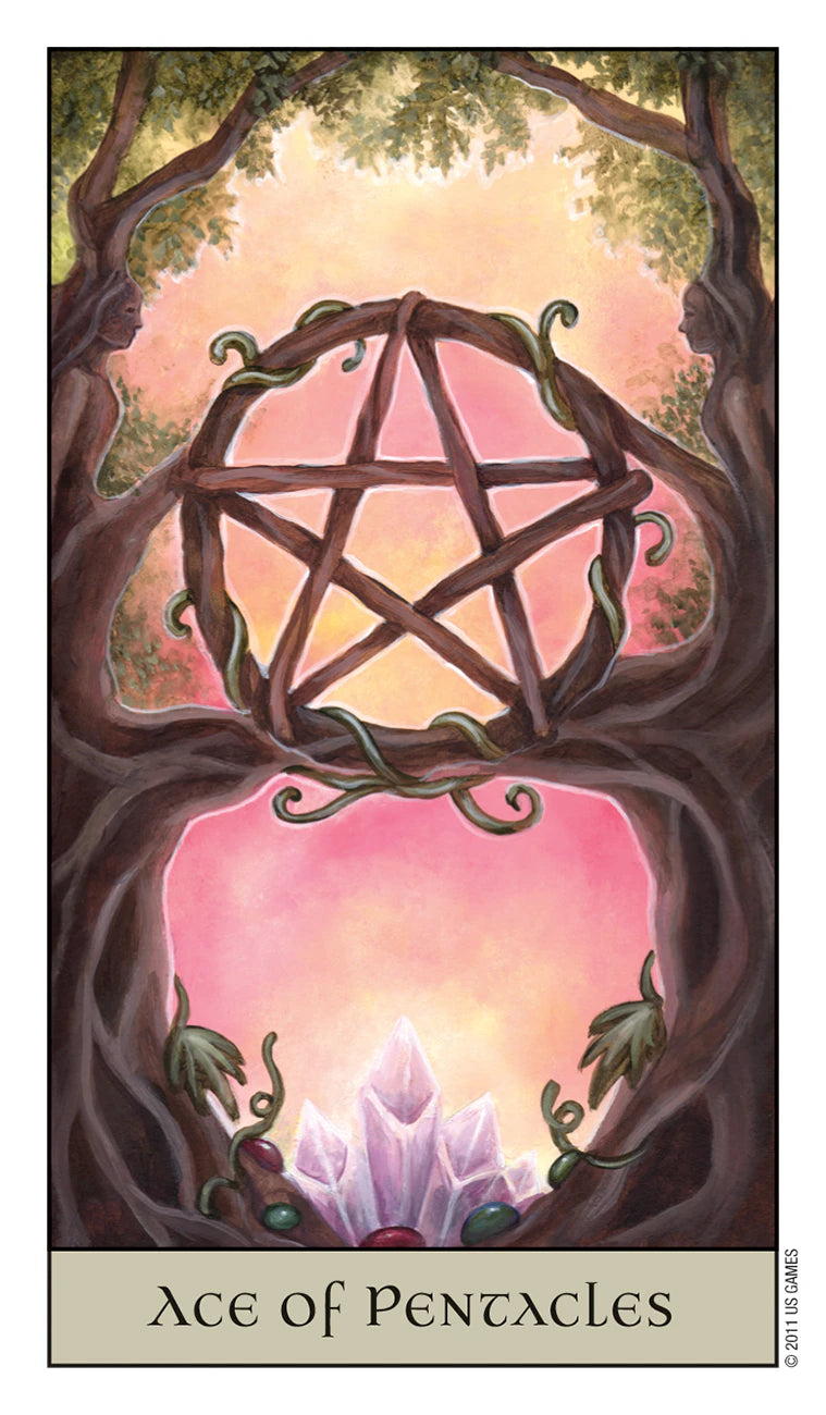 Ace of Pentacles tarot card with pentacle symbol and mystical forest design