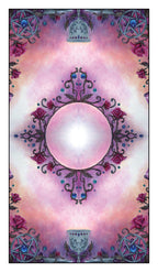 Decorative card with a central circular design, floral elements, and mystical symbols on a pink and purple gradient background.