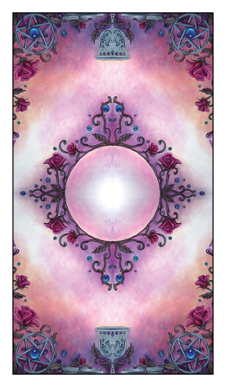 Decorative card with a central circular design, floral elements, and mystical symbols on a pink and purple gradient background.