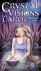 Book cover of 'Crystal Visions Tarot' by Jennifer Galasso with a woman holding a crystal ball.
