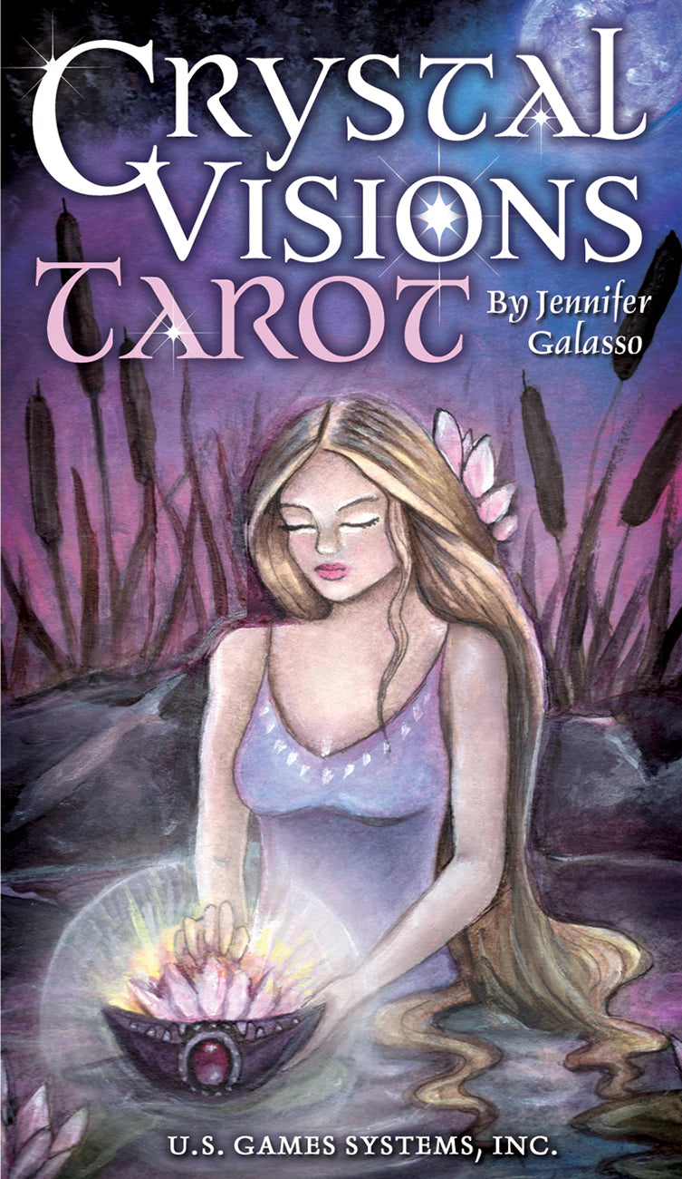 Book cover of 'Crystal Visions Tarot' by Jennifer Galasso with a woman holding a crystal ball.