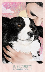 Illustration of a person hugging a Border Collie with a pink background