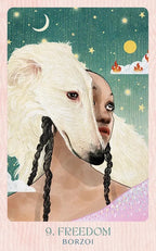 Person wearing a Borzoi dog mask with a stylized background featuring stars and moons.
