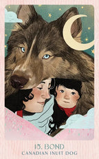 Illustration of a woman and child with a wolf's head, featuring a crescent moon and starry sky.