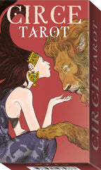Tarot card box featuring a woman and lion with 'Circe Tarot' text on a red background