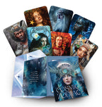 Collection of tarot cards with artistic illustrations on a white background