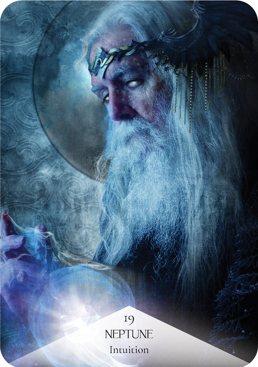 Card featuring a figure with long white hair and a beard, surrounded by mystical elements and a moon in the background.