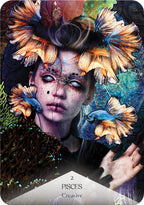 Artistic depiction of a person with fish and floral elements, labeled 'Pisces' as a creative sign.