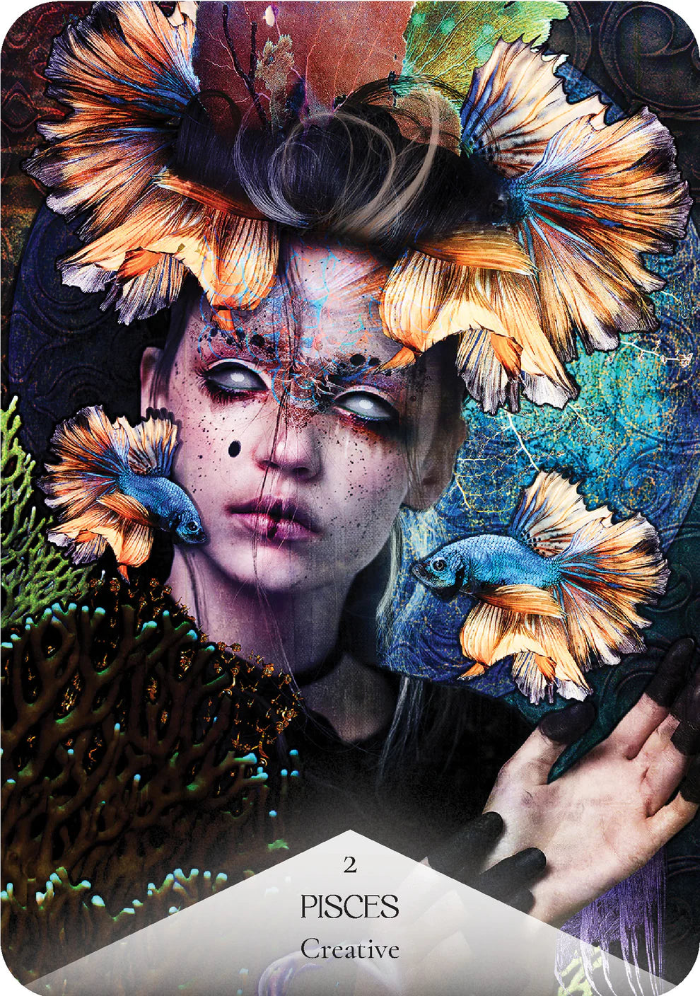 Artistic depiction of a person with fish and floral elements, labeled 'Pisces' as a creative sign.