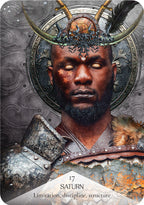 Card featuring a warrior with a helmet and armor, labeled 'Saturn' with descriptors.