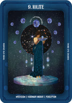 Iolite tarot card with a person holding a crystal ball against a starry night sky.