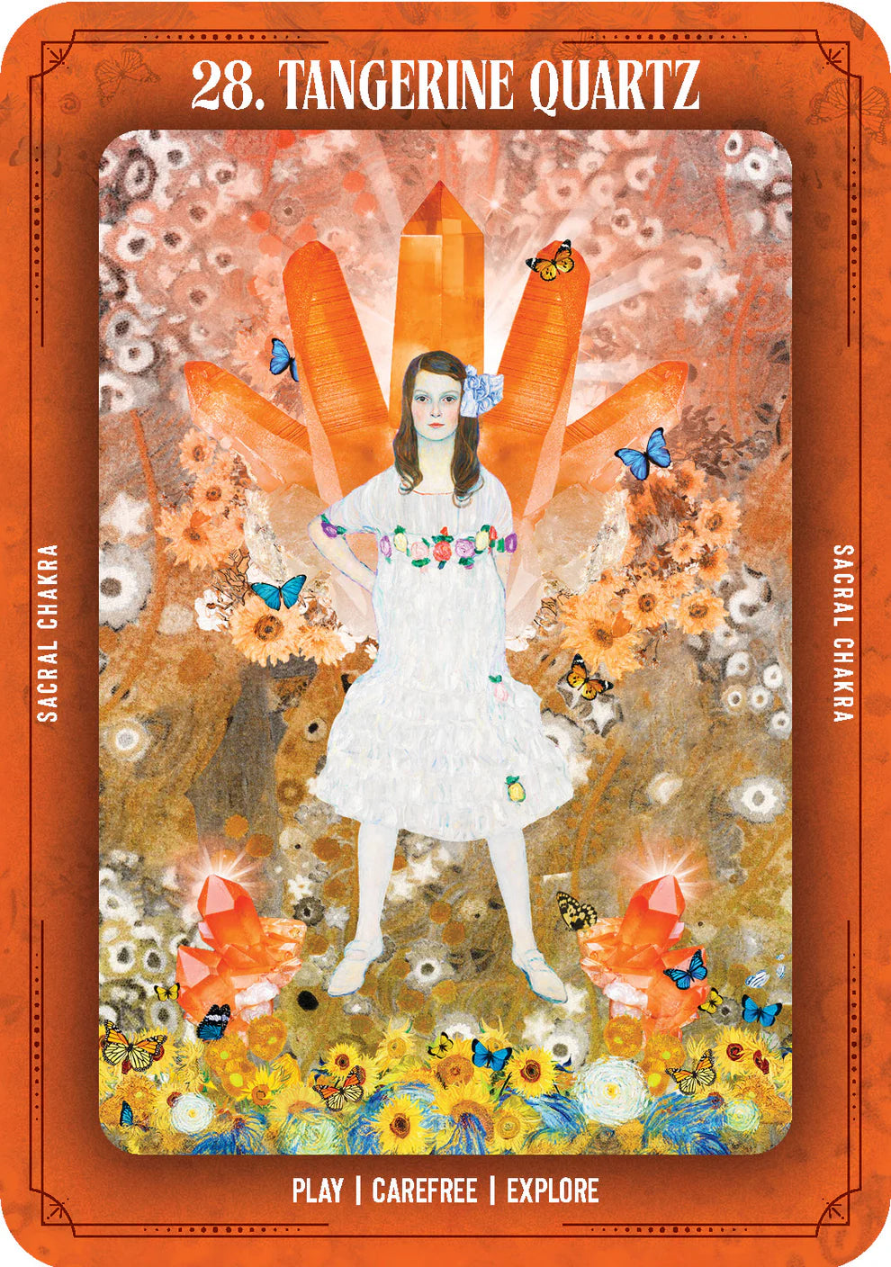 Tarot card featuring a woman in a white dress surrounded by flowers and animals with '28. Tangerine Quartz' at the top.