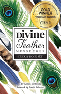 Cover of 'Divine Feather Messenger' deck and book set with feathers and gold award badge.