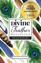 Cover of 'Divine Feather Messenger' deck and book set with feathers and gold award badge.