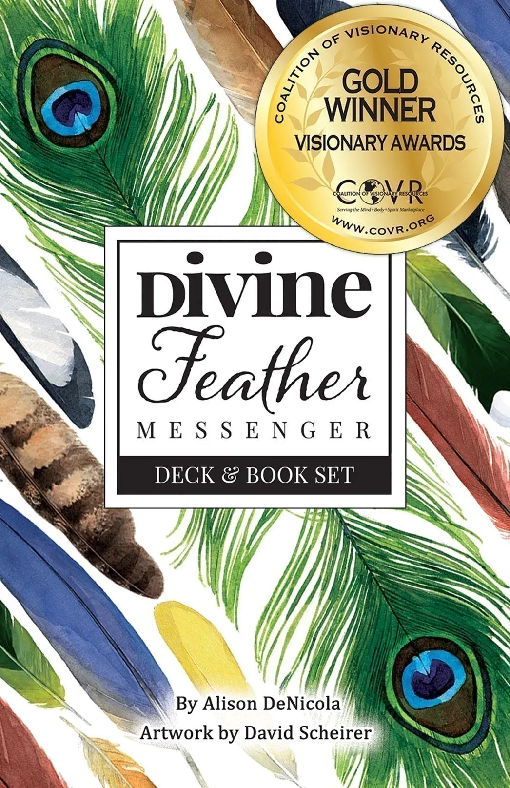 Cover of 'Divine Feather Messenger' deck and book set with feathers and gold award badge.