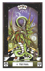 Card featuring a green dragon with playing card symbols above it, titled 'The Fool'.