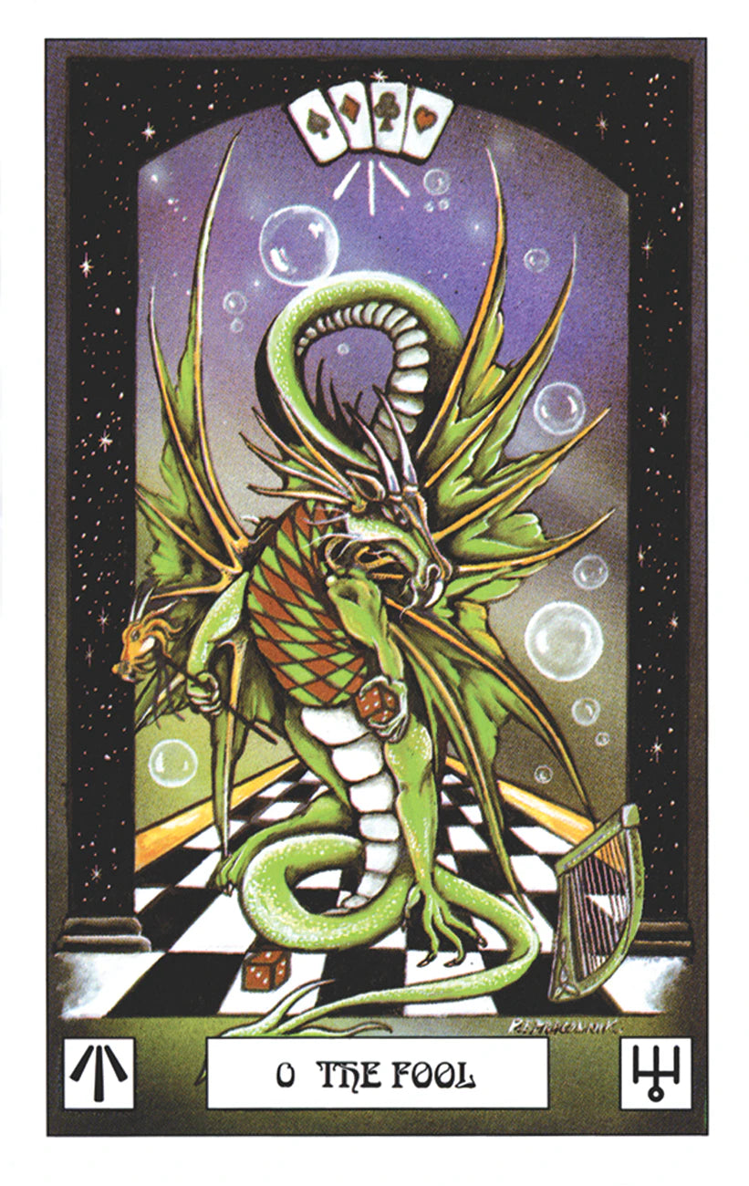 Card featuring a green dragon with playing card symbols above it, titled 'The Fool'.