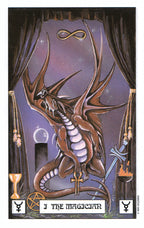 Dragon tarot card titled 'The Magician' with symbolic elements on a dark background
