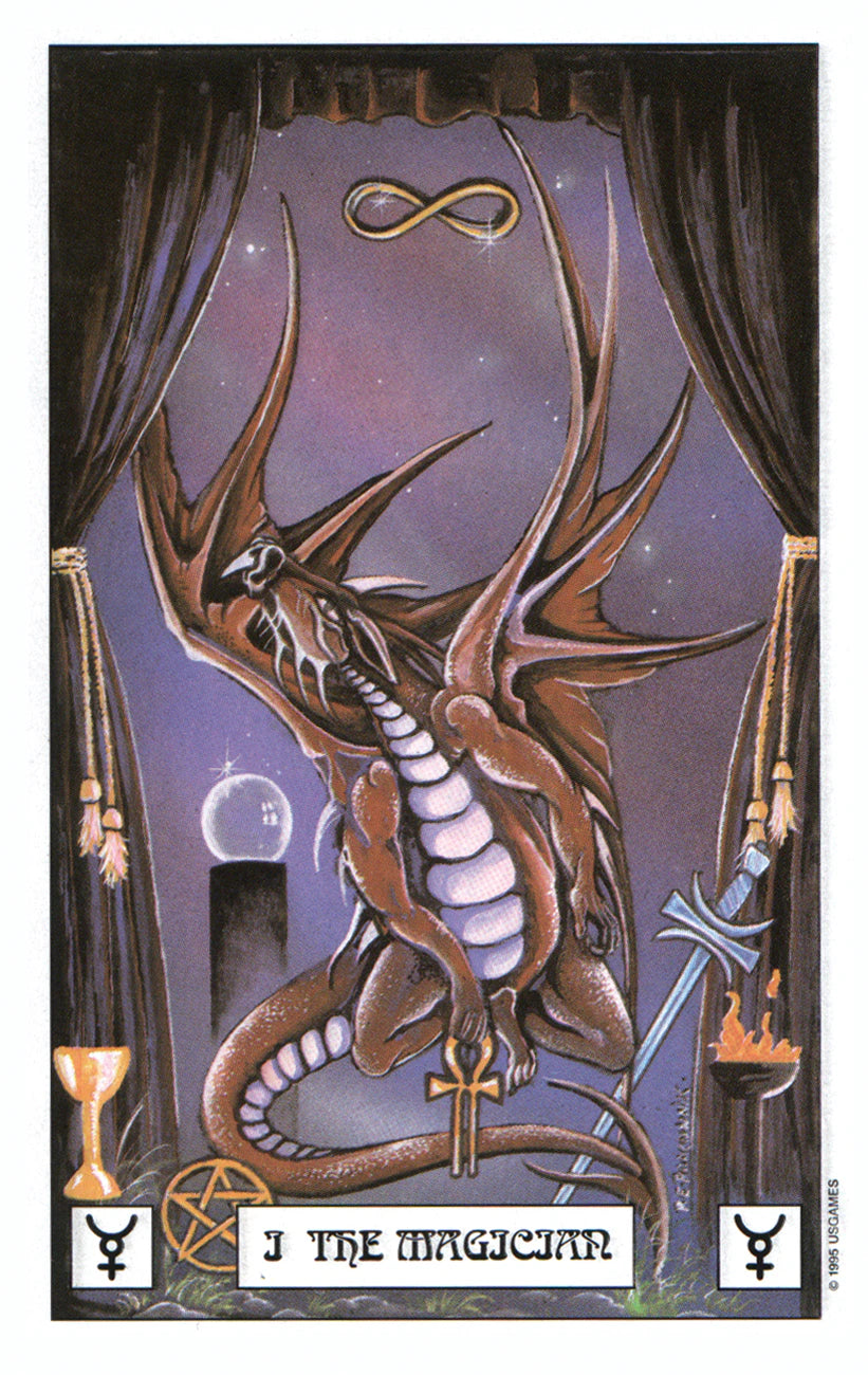 Dragon tarot card titled 'The Magician' with symbolic elements on a dark background