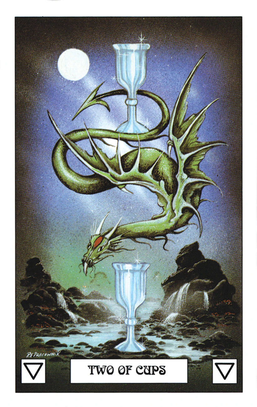 Card from a tarot deck featuring a dragon and two chalices against a dark background.