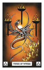 Tarot card featuring a dragon and candles with 'Three of Wands' text on an orange background