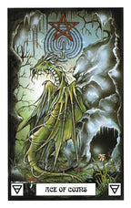 Tarot card featuring a dragon and pentagram symbol, labeled 'Ace of Coins'.