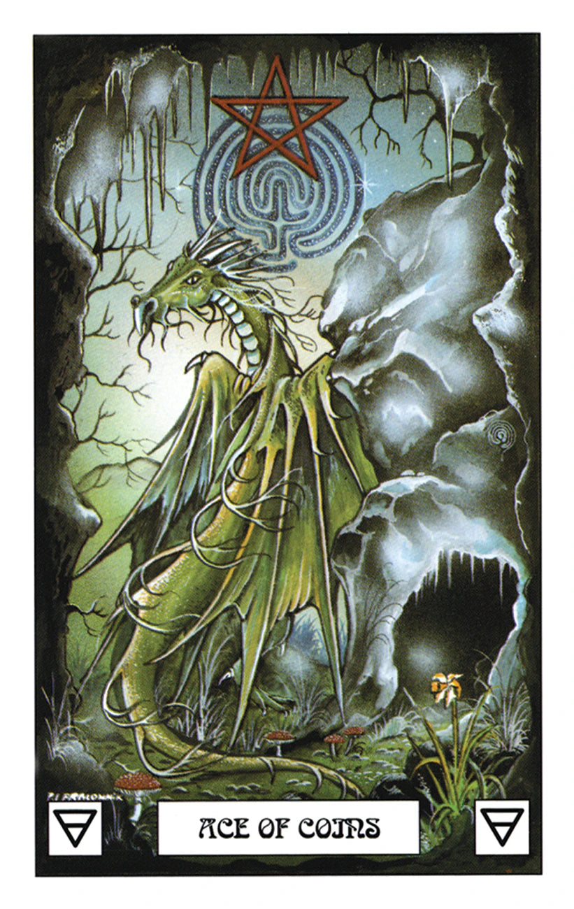 Tarot card featuring a dragon and pentagram symbol, labeled 'Ace of Coins'.