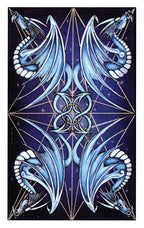 Decorative design with blue dragon-like creatures and geometric patterns on a dark background