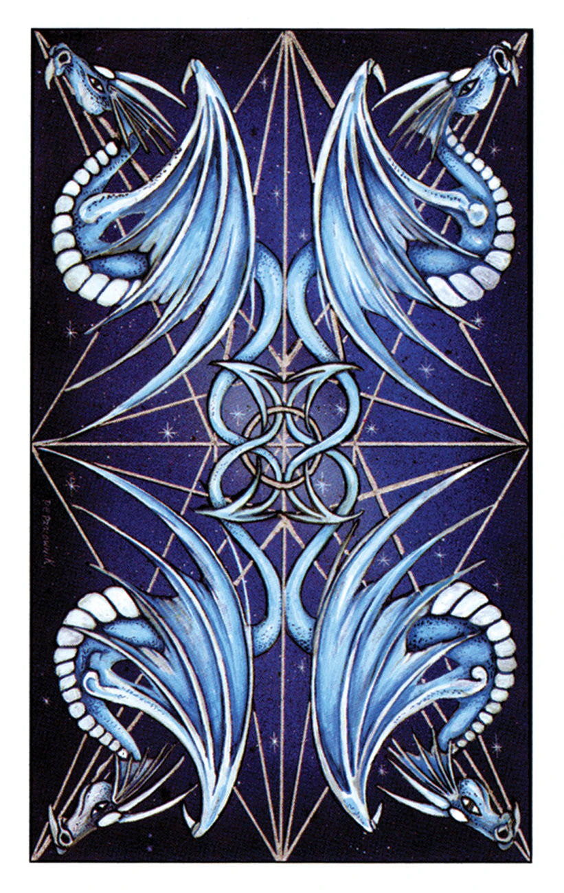 Decorative design with blue dragon-like creatures and geometric patterns on a dark background