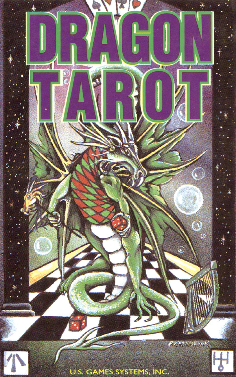 Dragon Tarot card game box with a green dragon illustration on a black background