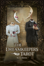 Book cover of 'The Dreamkeepers Tarot' by Liz Huston with artistic depiction of a man and woman holding tarot cards.