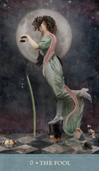 Vintage-style illustration of a woman with a lantern against a moonlit sky, with 'The Fool' card text at the bottom.