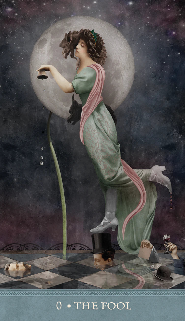 Vintage-style illustration of a woman with a lantern against a moonlit sky, with 'The Fool' card text at the bottom.