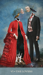 Artistic depiction of 'The Lovers' tarot card with a woman in a red dress and a man in a black suit.