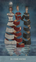 Three women in vintage dresses stacked vertically with a star above, on a blue background.