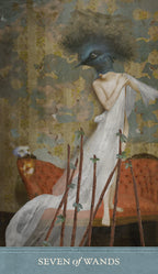 Card featuring a stylized figure with wands and draped fabric against a textured background, labeled 'Seven of Wands'.