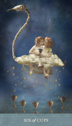 Artistic depiction of two children on a cloud with a snake, surrounded by cups, against a starry night sky.